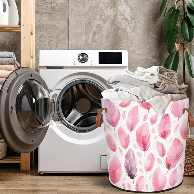 Pink Feather Laundry Basket Waterproof Collapsible Hamper - Image 4