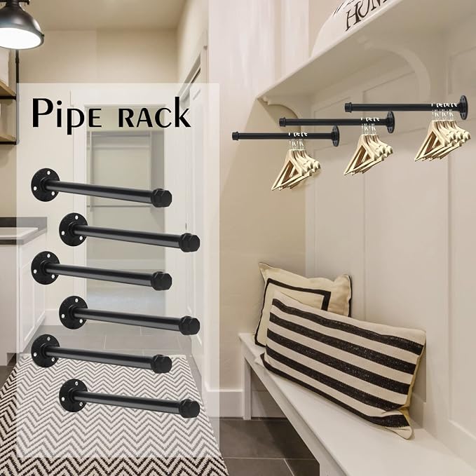 6 Pcs Industrial Pipe Clothes Bar 12 Inch Rustic Black Iron Pipe Clothing Rack - Image 4