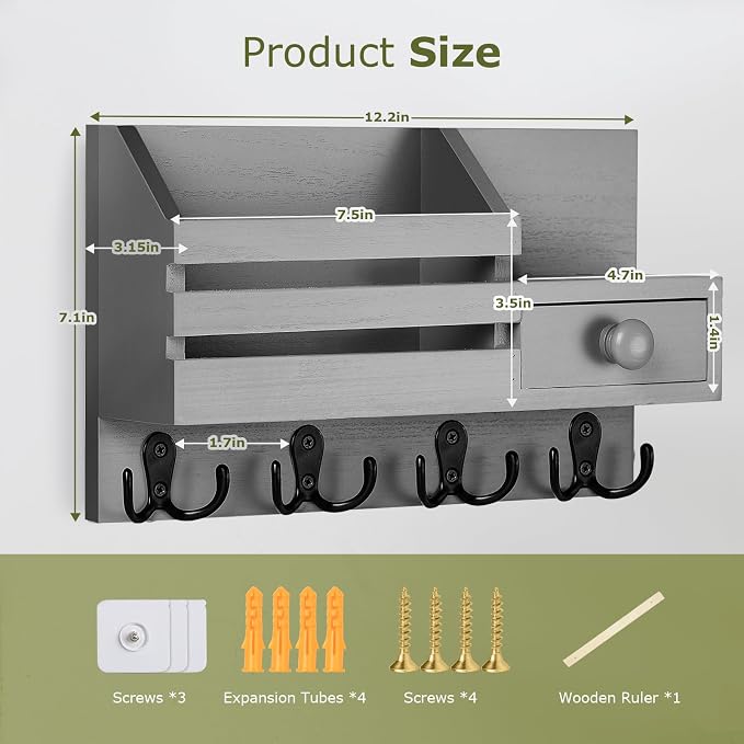 Key Holder Wall Mount, Wooden Adhesive Mail and Key Organizer - Image 5