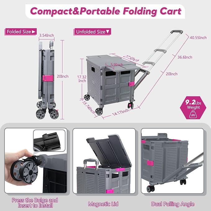 FELICON SELORSS Folding Utility Cart Rolling Crate Tote Basket Box Storage - Image 6