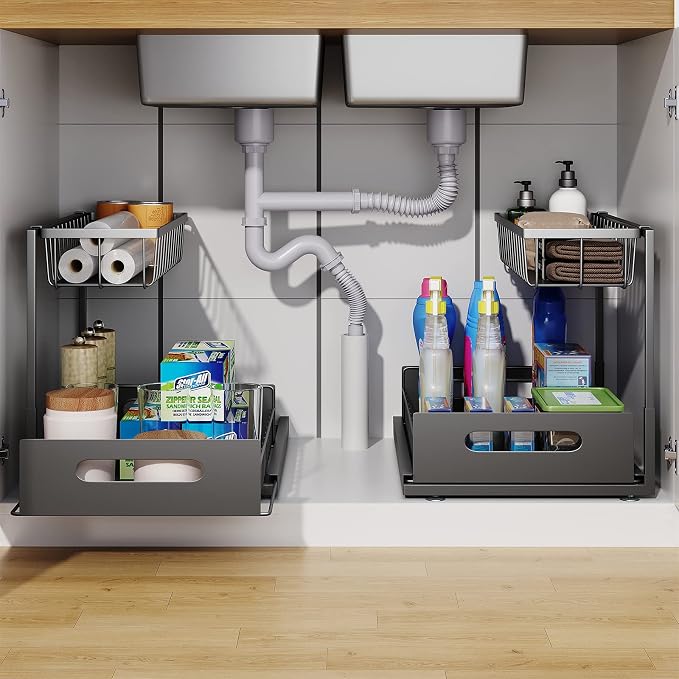 2 Pack Under Sink Organizer, 2 Tier Pull-Out Cabinet Storage Shelf, - Image 2