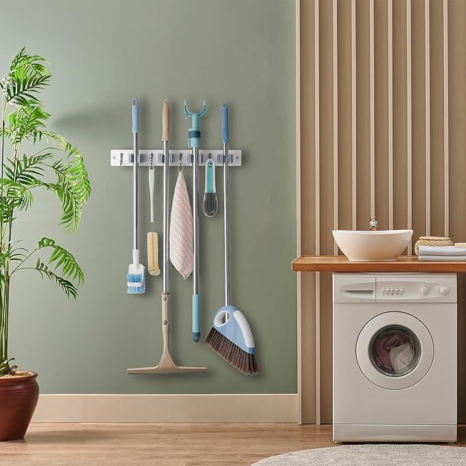 White Mop Broom Holder Wall Mount - Image 5