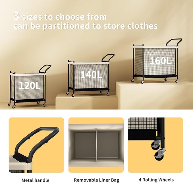 Laundry Hamper with Wheels, Laundry Basket with Removable and Washable Liner Bag - Image 8