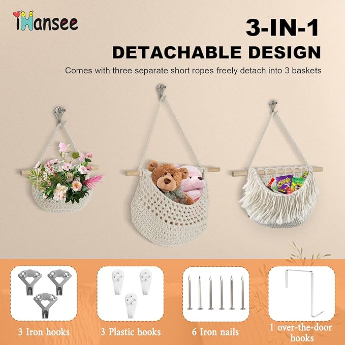 Hanging Baskets for Organizing, 3 Tier Detachable Wall Hanging Fruit Basket - Image 3