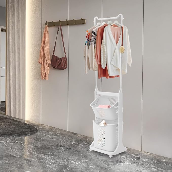 Laundry Sorter Cart with Clothes Rack 2 Layer Laundry Hamper Basket with - Image 4