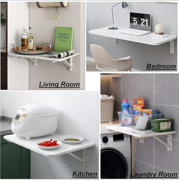 LUNEZY White Wall Mounted Desk Folding Wall Table Computer Workstation Foldable - Image 3