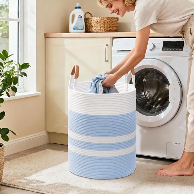 60L Striped Laundry Basket, Woven Cotton Rope Storage Bin - Image 2