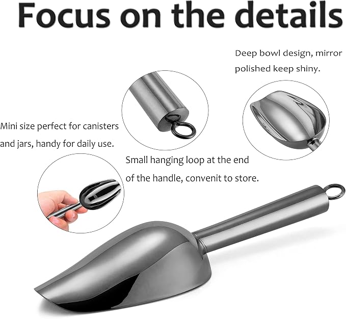 Mini Ice Scoop Set of 2, E-far 3 Ounce Platinum Black Stainless Steel Scoops - Image 4