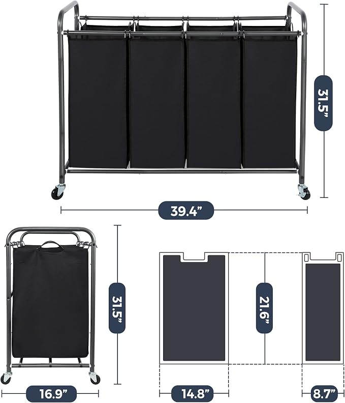 STO STO Laundry Sorter 4 Section, 4 Bag Clothes Hamper, Rolling Laundry Cart - Image 6