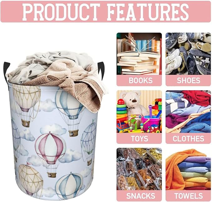 Watercolor Hot Air Balloons And Clouds Laundry Hamper Bag - Image 8