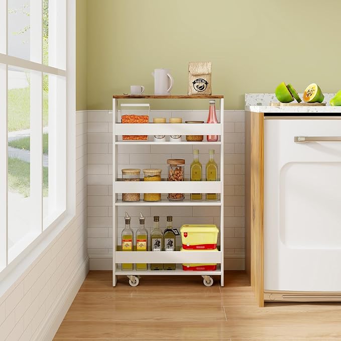 TANGZON 4-Tier Storage Trolley, Slide Out Slim Rolling Kitchen Cart - Image 7