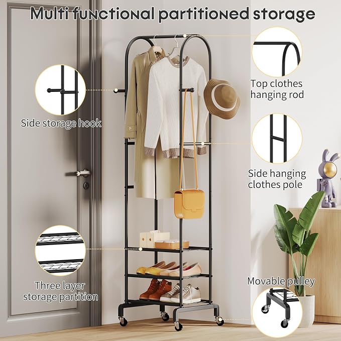 Garment Rack with Wheels, Small Metal Coat Rack With 4 Hooks, Freestanding - Image 3