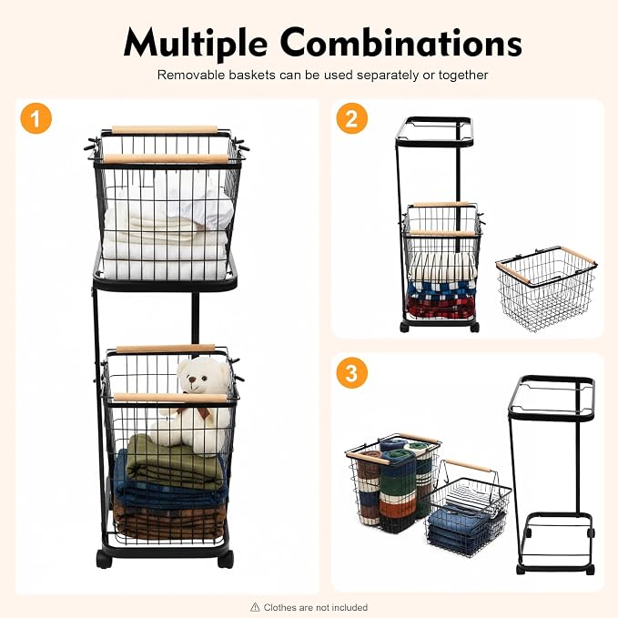 2 Tier Laundry Basket, Removable Metal Wire Laundry Cart - Image 3