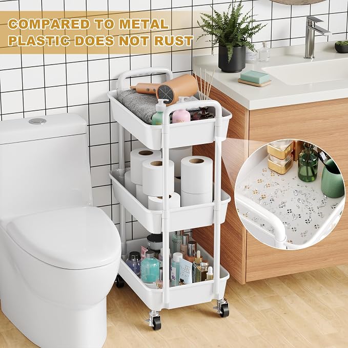 3 Tier Rolling Cart with Wheels, Small Utility Storage Organzier Carts - Image 5