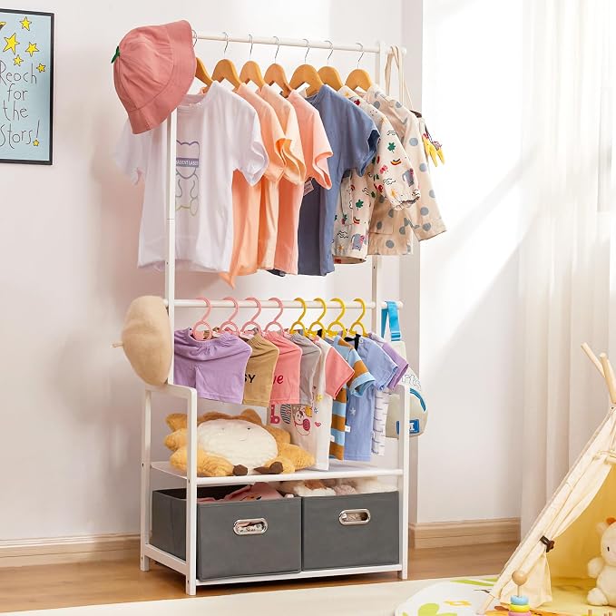 Kids Clothing Rack Bamboo with 2 Storage Baskets and 2 Adjustable Hanging Rods - Image 9