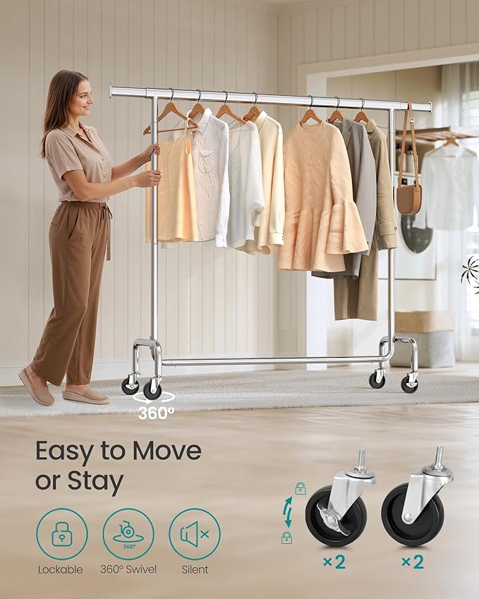 SONGMICS Clothes Rack with Wheels, Heavy-Duty Garment Rack with Extendable - Image 5