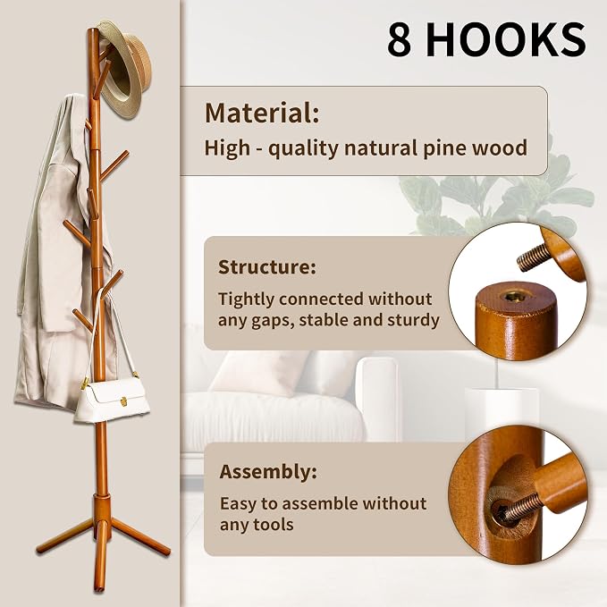 VaeFae Bamboo Coat Rack Stand, Free Standing Hall Tree - Image 4
