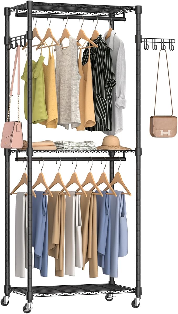 Heavy Duty Rolling Garment Rack, 3 Tiers Wire Shelves Adjustable Freestanding by EXGLOBOL