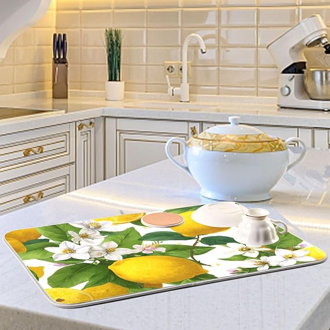Yellow Lemon and White Flower Dish Drying Mat Super Absorbent Drying Mat 18x24 - Image 6