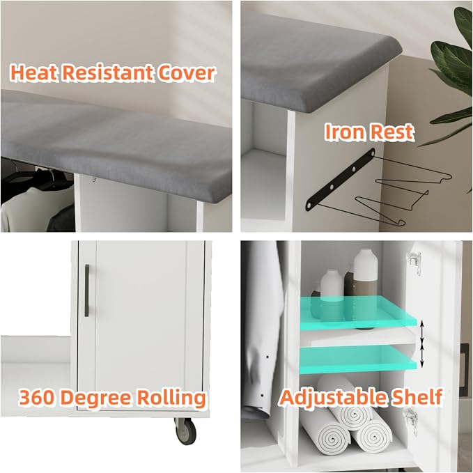 Rolling Ironing Board with Storage Cabinet, Ironing Cabinet with Wheel - Image 5