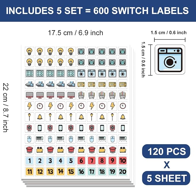 Pack of 600 Light Switch Sticker Labels, 38 Designs Multicolor Switch ID - Image 2