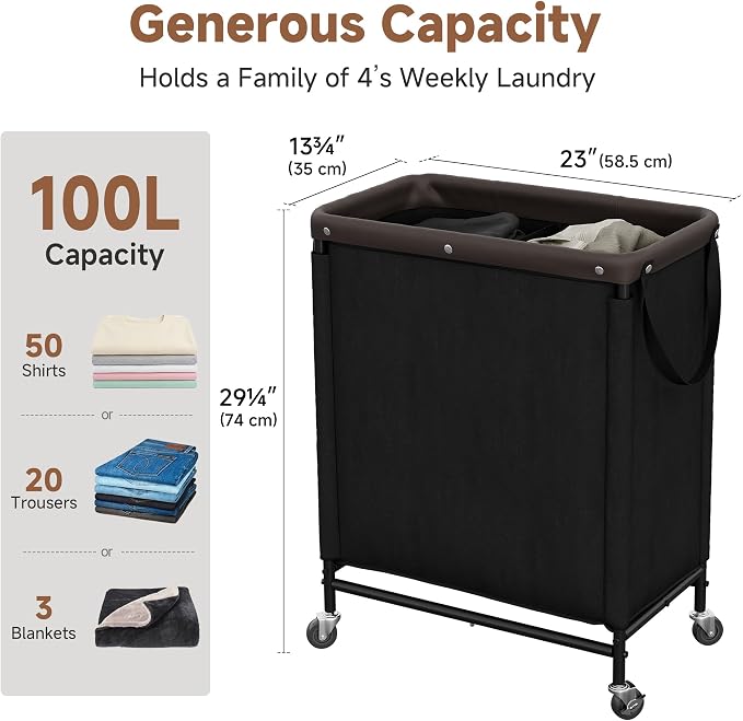 StorageWorks 2 Section Laundry Hamper, Rolling Laundry Cart - Image 3