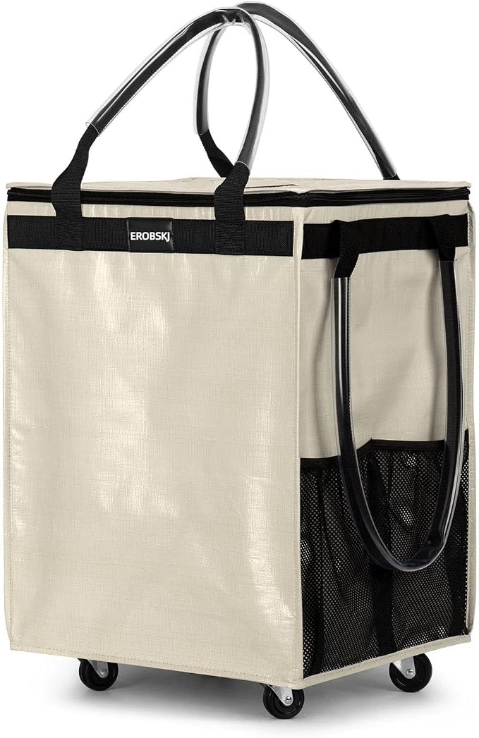 Reusable Grocery Bag on Wheels, Foldable Rolling Tote, Carries Up to 66 lbs by EROBSKJ