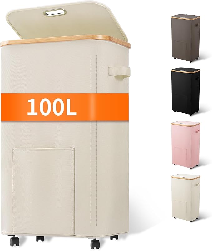 Laundry Basket with Wheels, Tall Dirty Clothes Hamper on Wheels, Rolling by Vincona
