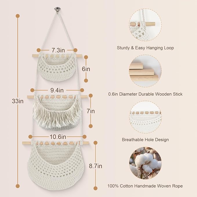Hanging Baskets for Organizing, 3 Tier Detachable Wall Hanging Fruit Basket - Image 2