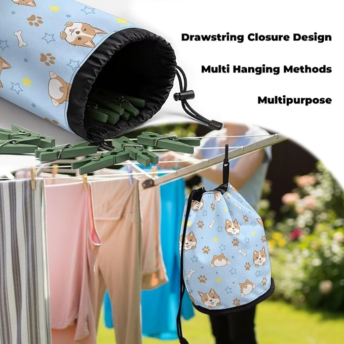 Clothespin Storage Bag with Hooks & Drawstring Closure Corgi Pet Paw Space - Image 6