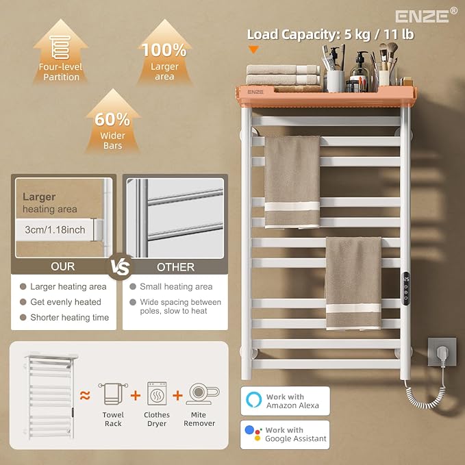 ENZE Smart Heated Towel Rack, 11-Bar Wall-Mounted Electric Towel Warmer - Image 4