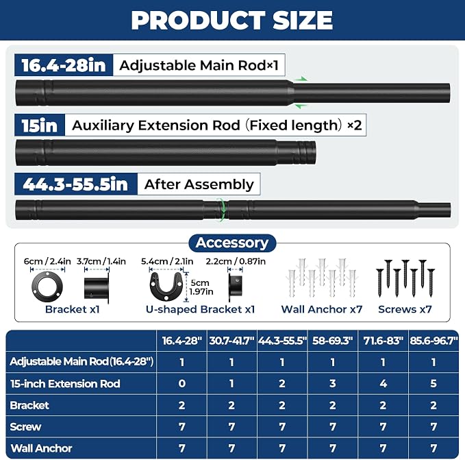 Mavivegue Closet Rods for Hanging Clothes, 17 to 57 Inches Stepless Adjustable - Image 2