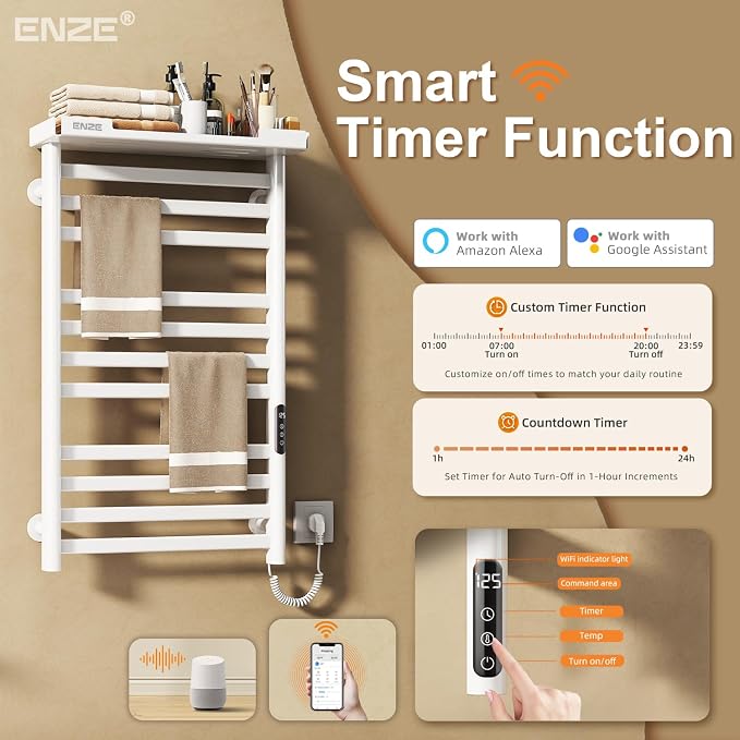 ENZE Smart Heated Towel Rack, 11-Bar Wall-Mounted Electric Towel Warmer - Image 5