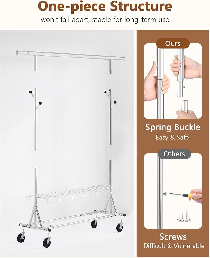 Hoctieon 1-Minute Assembly Clothes Rack, 480 lbs Heavy Duty Rolling Clothing - Image 3