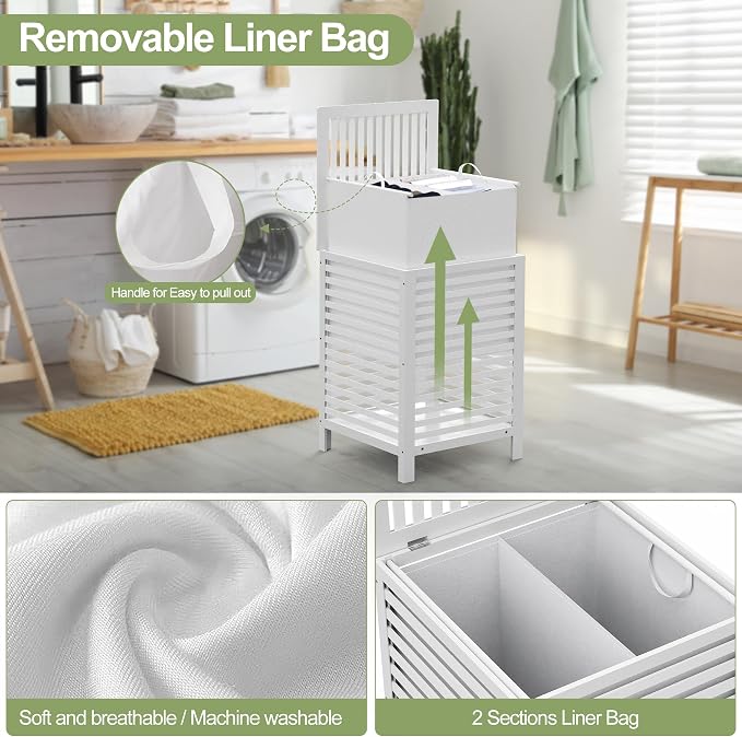 Bamboo Laundry Hamper with Lid, 120L Large Double Laundry Basket with Removable - Image 4