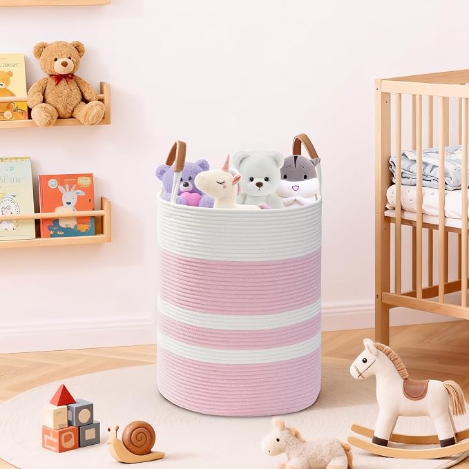 60L Striped Laundry Basket, Woven Cotton Rope Storage Bin - Image 7