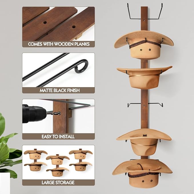Cowboy Hat Holder, 3-Piece Wall Mount Cowboy Hat Rack - Image 9