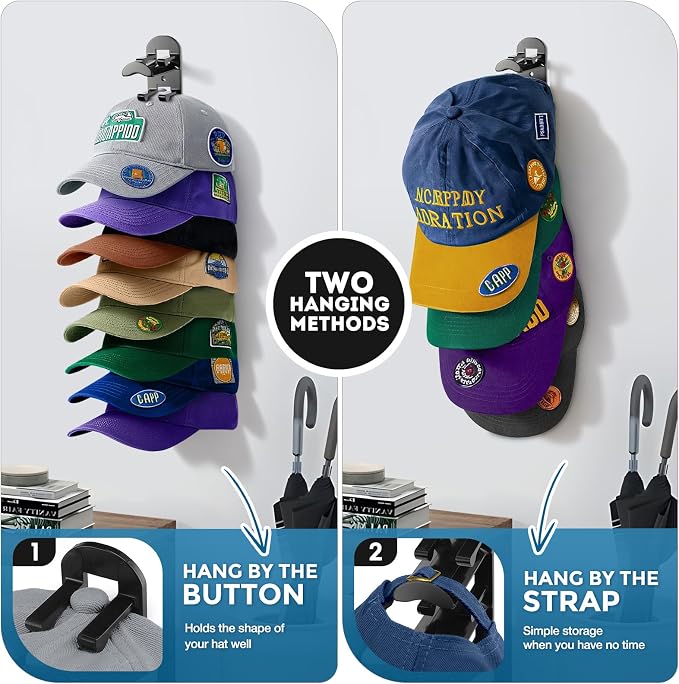 2 Pack Hat Organizer for Baseball Caps, Hat Rack for Wall Hold Up to 20 Hats - Image 6