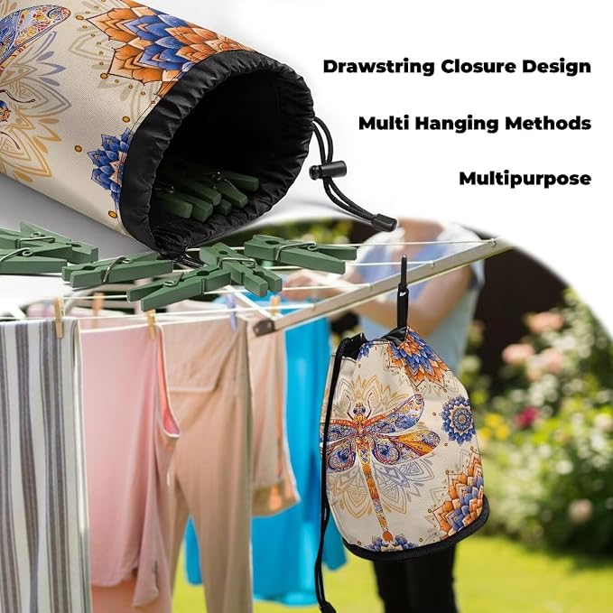 Clothespin Storage Bag with Hooks & Drawstring Closure Bohemian Mandala - Image 6