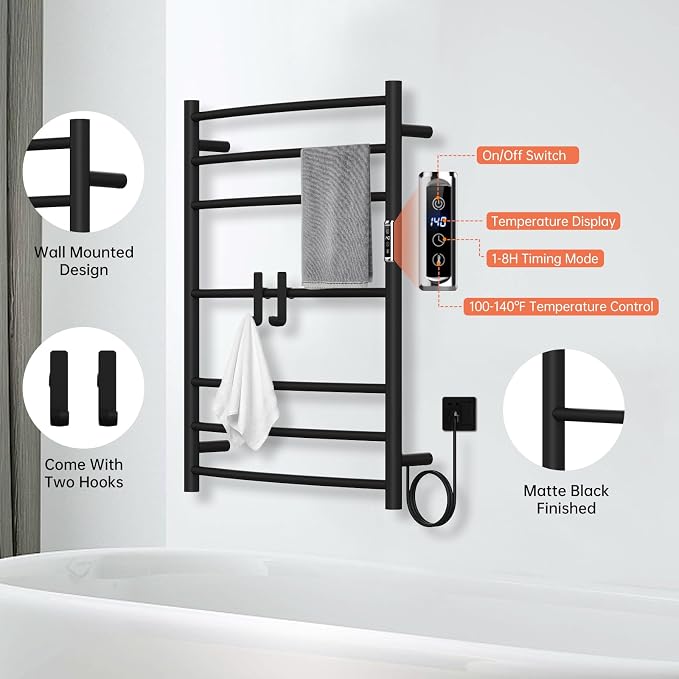 Towel Warmer Rack, 7 Bars Wall Mounted Towel Heater Towel Warmer - Image 2