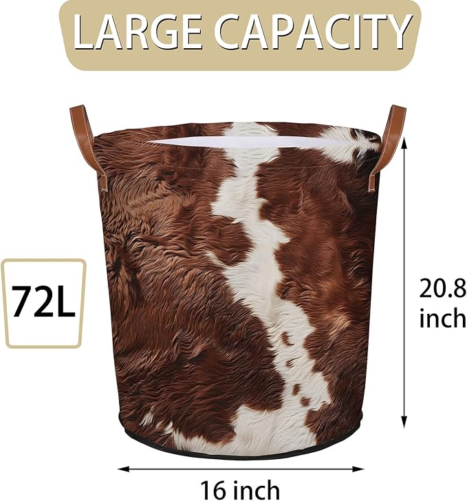 Cow Print Brown Laundry Hamper Waterproof Collapsible Basket - Image 3