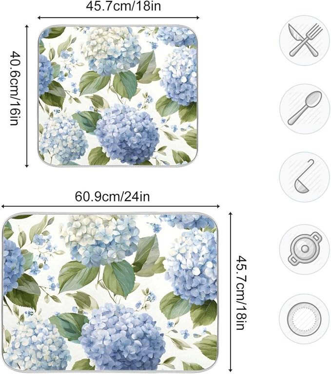 Watercolor Hydrangeas Dish Drying Mat Super Absorbent Drying Mat 18x24 inch - Image 3