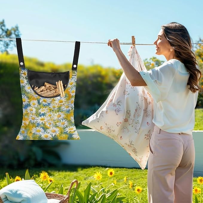 2 Pcs Daisy Print Clothespin Bag Space-Saving Laundry Hanging Storage Organizer - Image 2