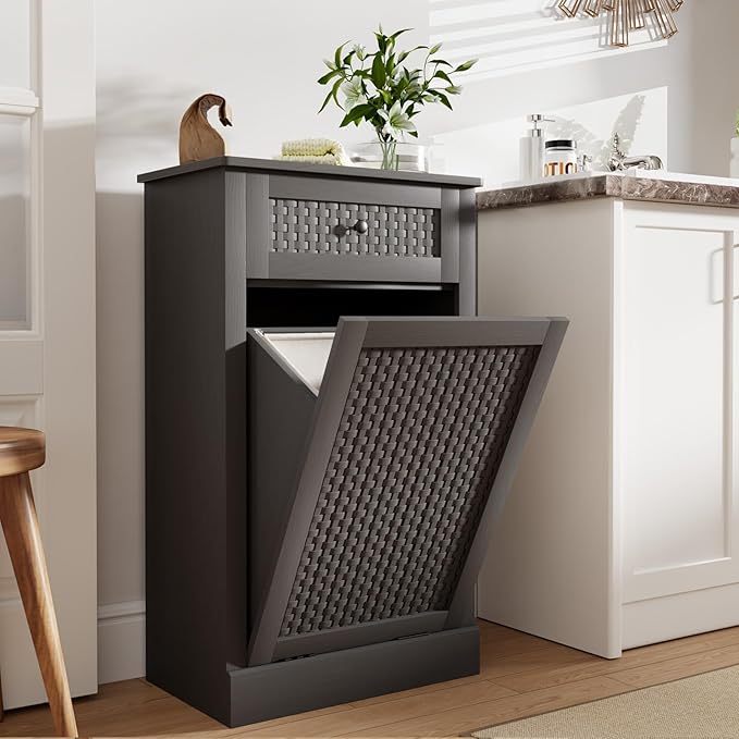 Tilt Out Laundry Hamper Cabinet, Rattan-Style Laundry Room Organization by Unknown