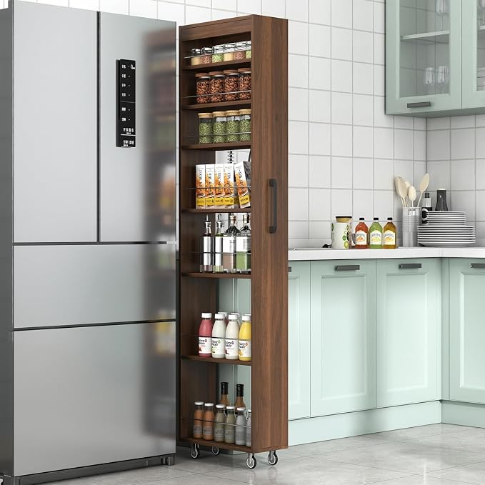 71-Inch Slim Storage Cart on Wheels, Walnut 7-Tier Tall Slide Out Kitchen - Image 2