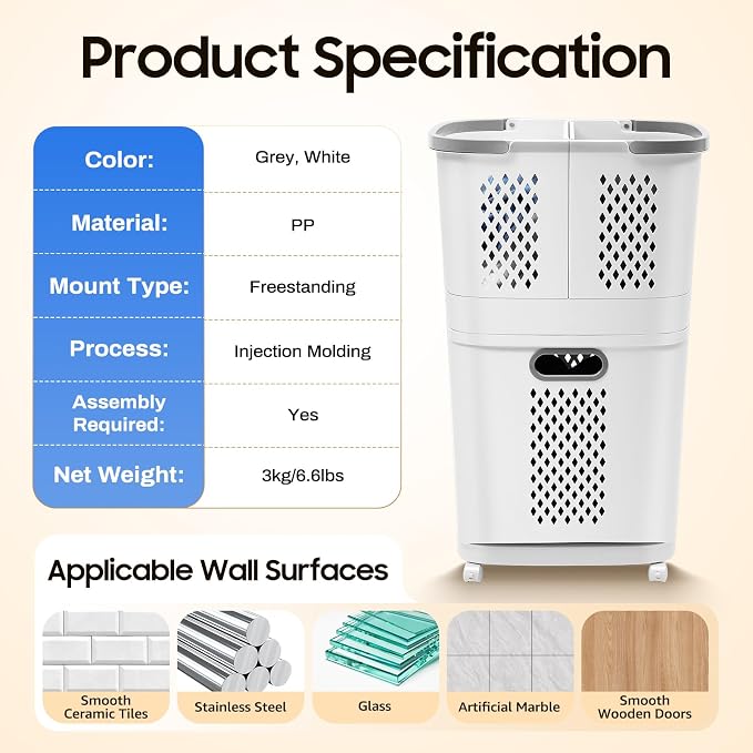 2 Tier Laundry Basket with Wheels & Handle, Stackable & Removable Laundry - Image 6