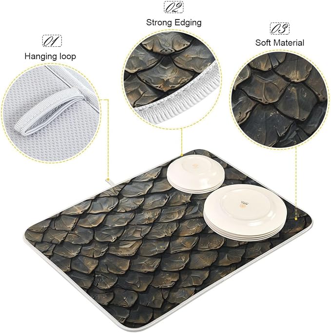 Attractive Kitchen Countertop Dish Drying Mat, Realistic Dragon Skin 18" x 24" - Image 3