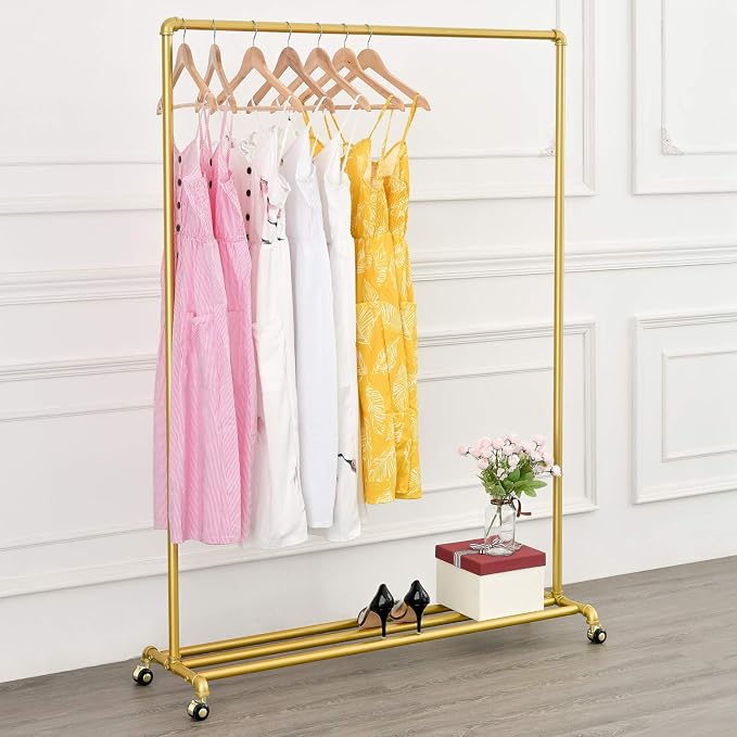 BOSURU Rolling Gold Clothing Racks on Wheels, Retail Display Industrial Pipe by BOSURU