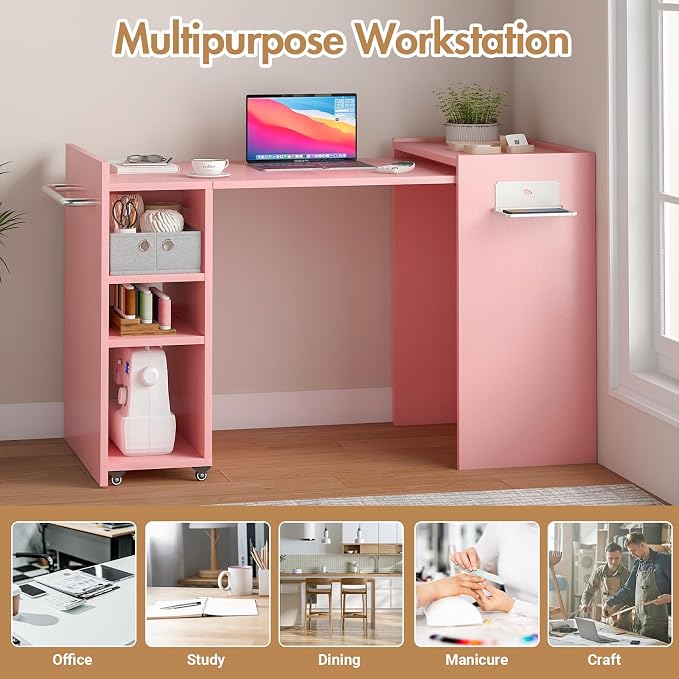 Folding Sewing Table, Wall Mount Sewing Machine Cabinet w/ Storage Shelves & - Image 5