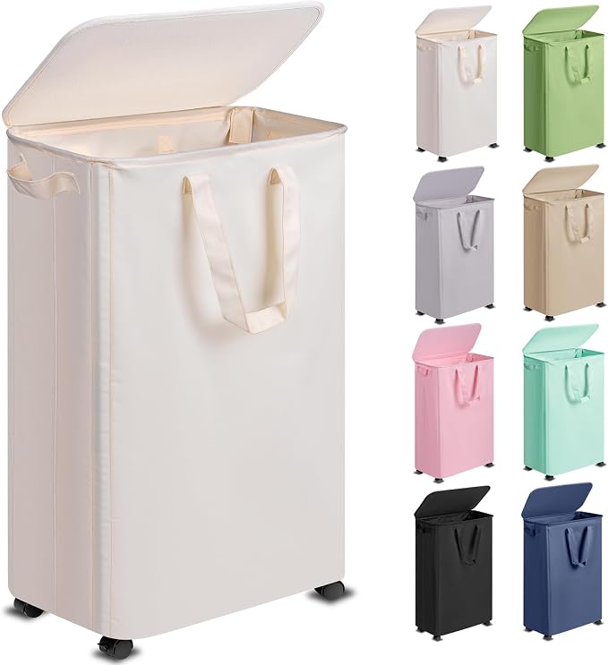 Slim Laundry Hamper with Lid and Wheels, Small Rolling Laundry Basket with by Vincona